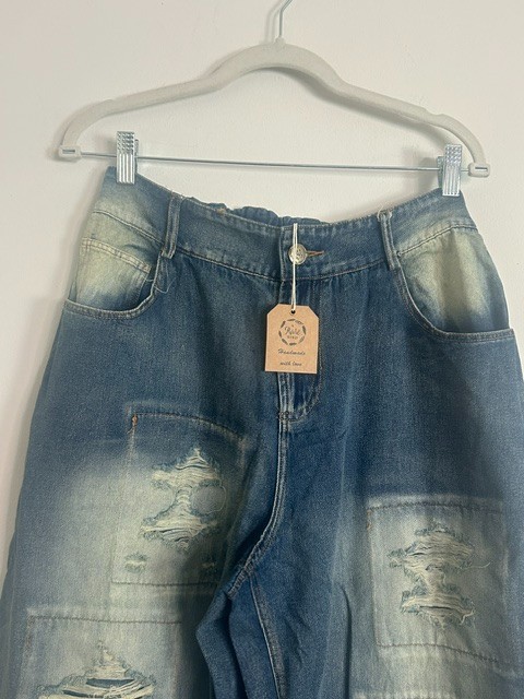 A Rare Bird Women Distressed Patchwork Grunge Elastic Waist Denim Jeans NWT