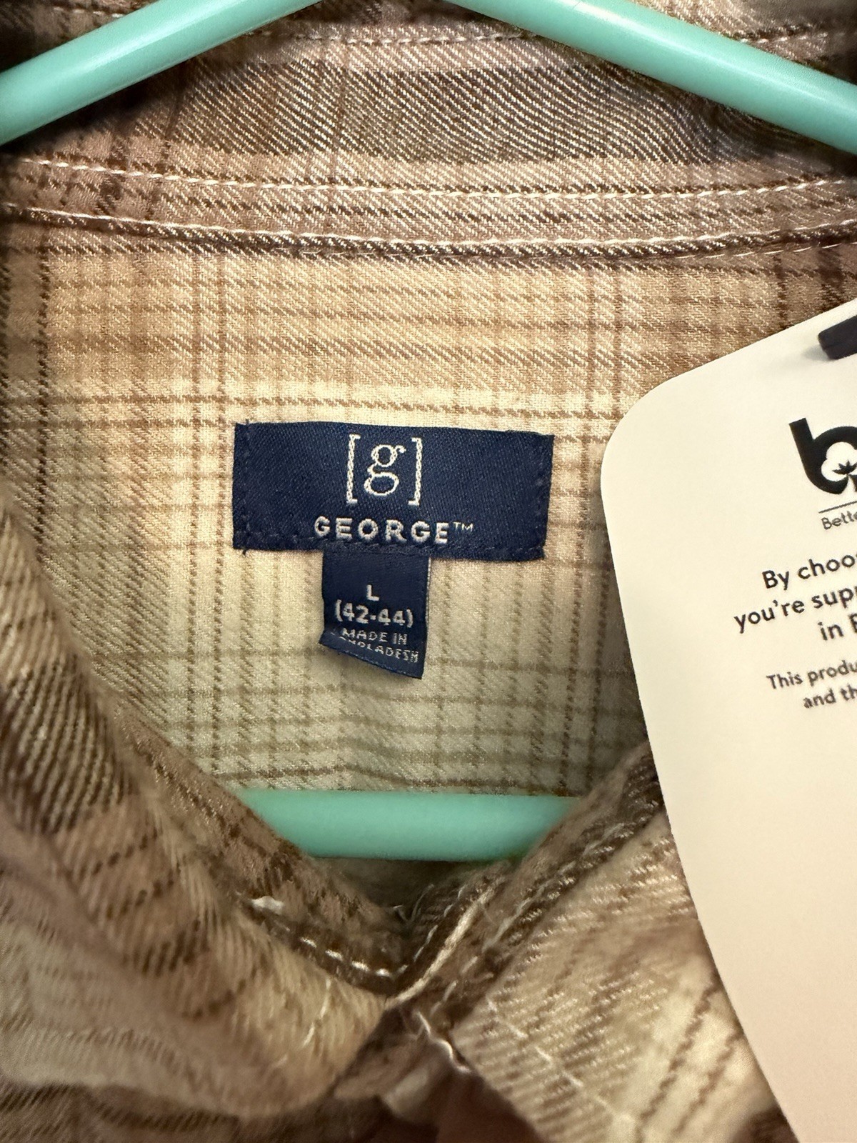 George Men’s Beige/Brown Plaid Long Sleeve Button-Up Point Collar Shirt L