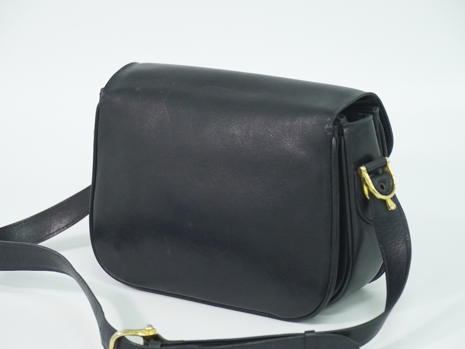 CELINE Horse Carriage Hardware Leather Shoulder Bag Navy Gold