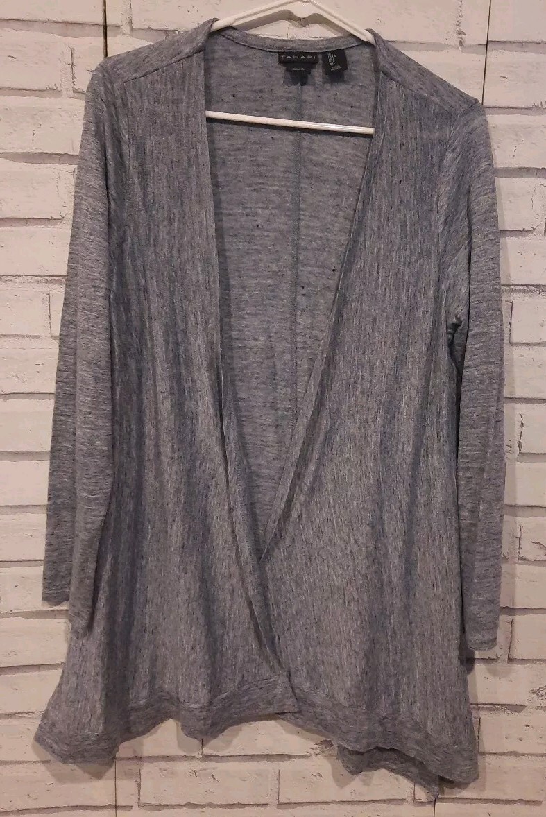Tahari Women’s Size L 100% Linen Cardigan Blue Heather Lightweight Open Front