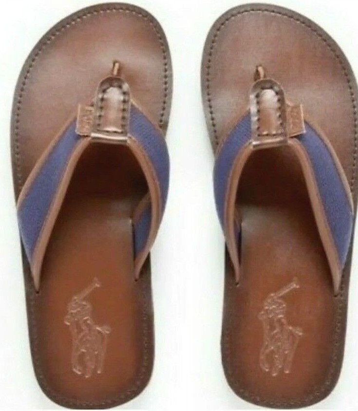 POLO RALPH LAUREN MENS BROWN/BLUE LEATHER FLIP FLOP SANDALS SLIDES 9,10,11,12,13