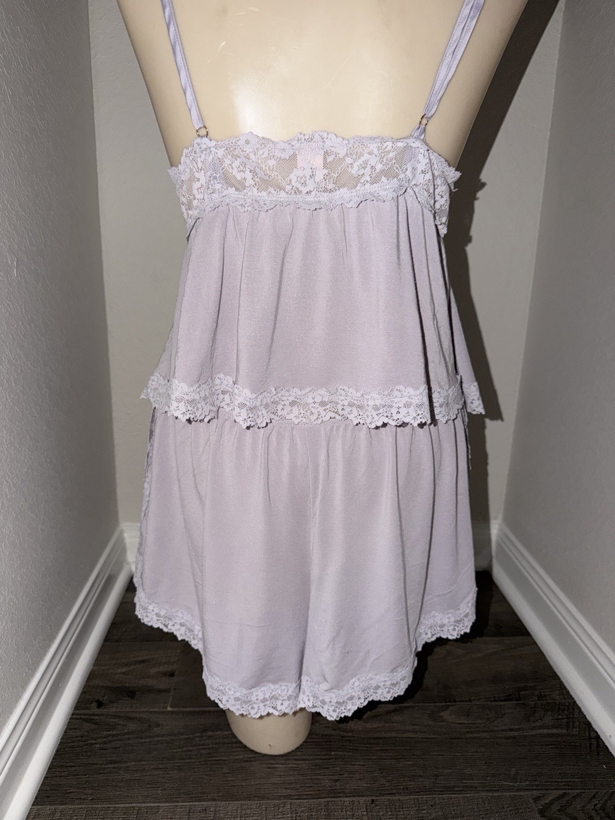 Victoria’s Secret Purple Lace Trim Babydoll Pajama Set V-Neck L Adjustable