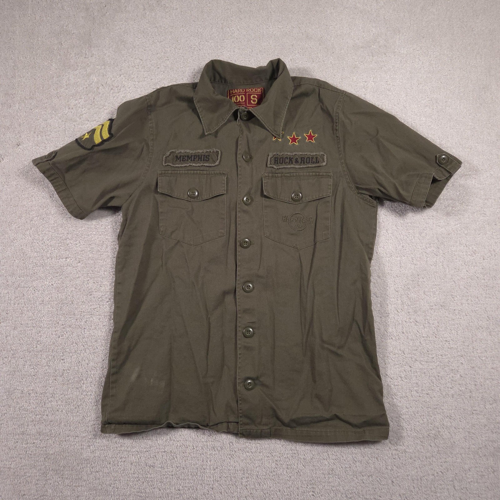 Hard Rock Shirt Mens Small Green Military Memphis Rock & Roll Button Up Patches