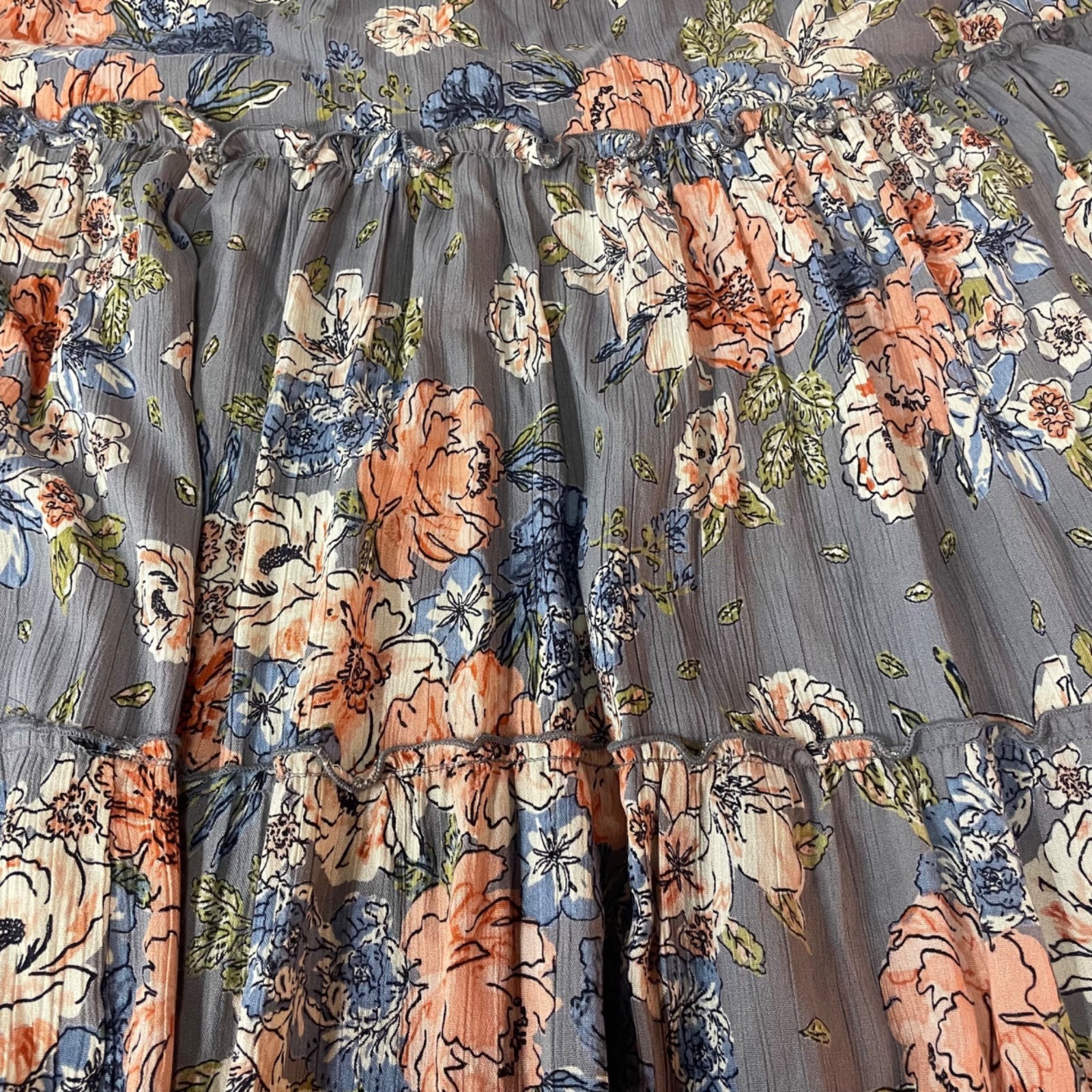 Angie Tiered Floral Ruffle Babydoll Maxi Dress Sz MED Boho Rayon Resort