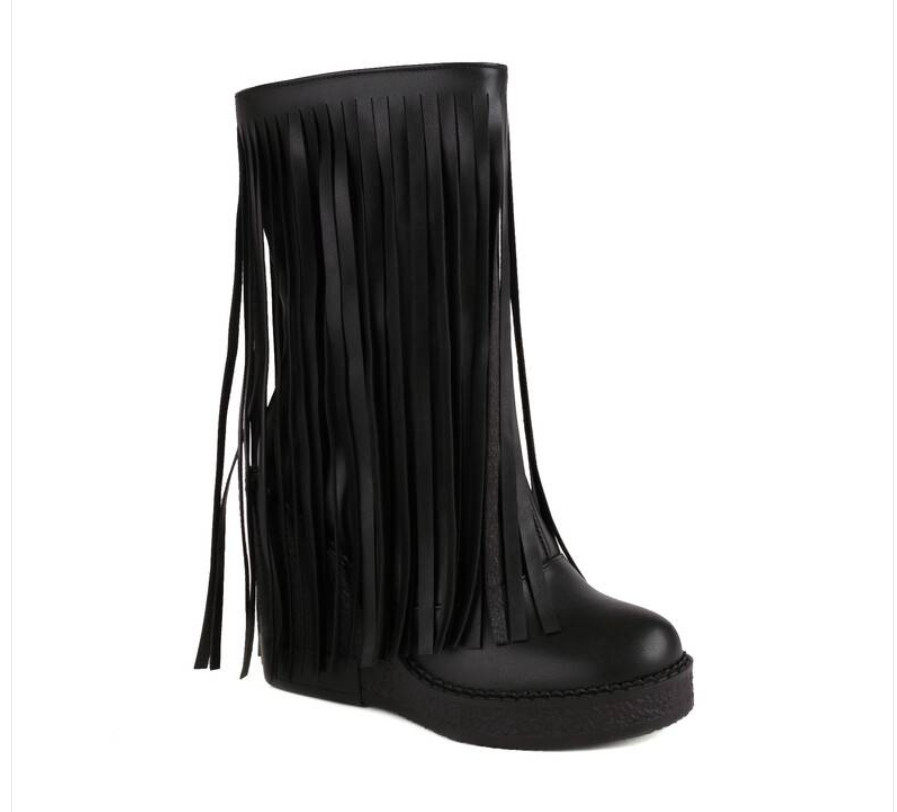 Tassels Women’s Faux Leather Wedge Heel Mid Calf Boots Casual Round Toe Platform