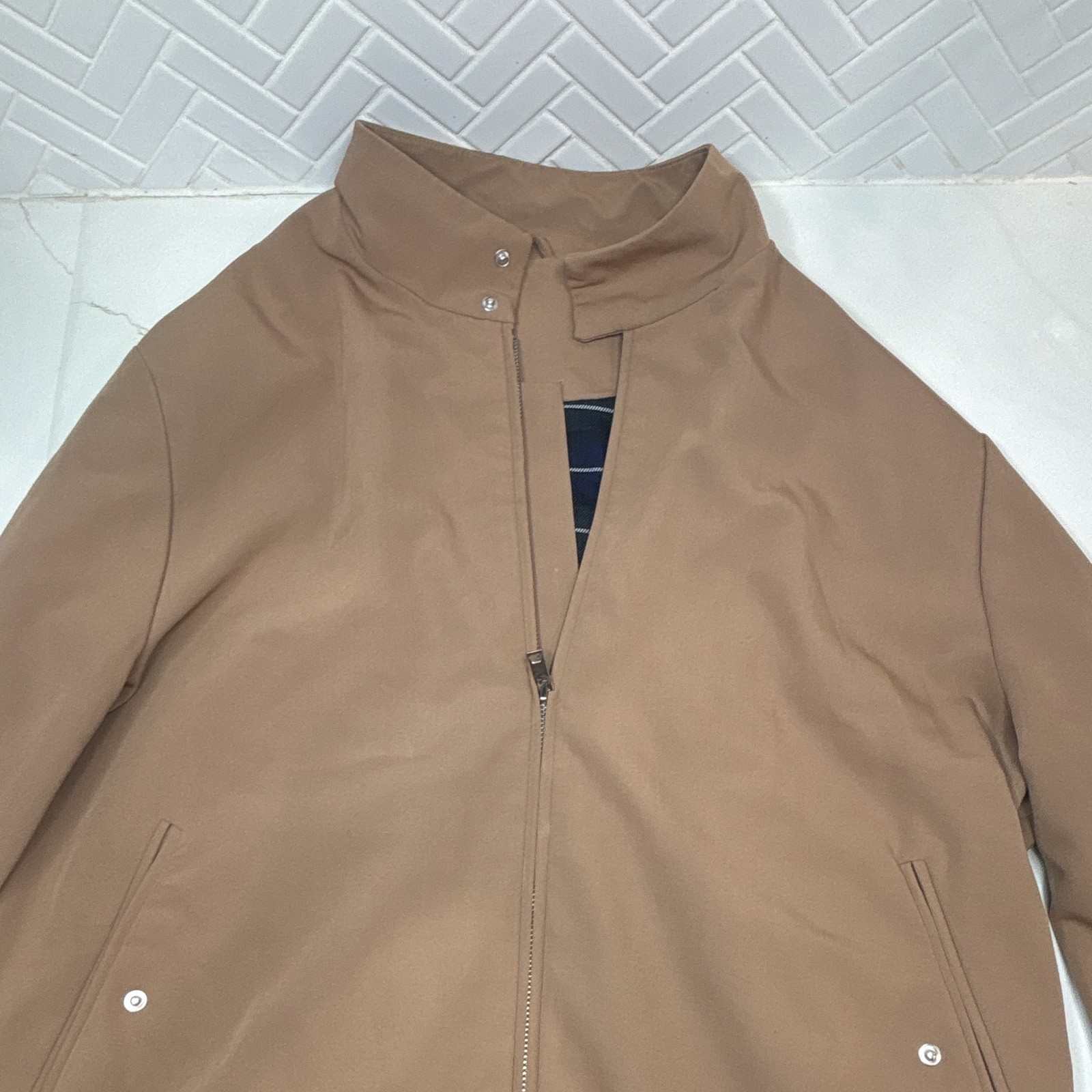 TOPMAN Men’s Brown Full Zip Jacket Stand-Up Collar Lined Pockets Size XL