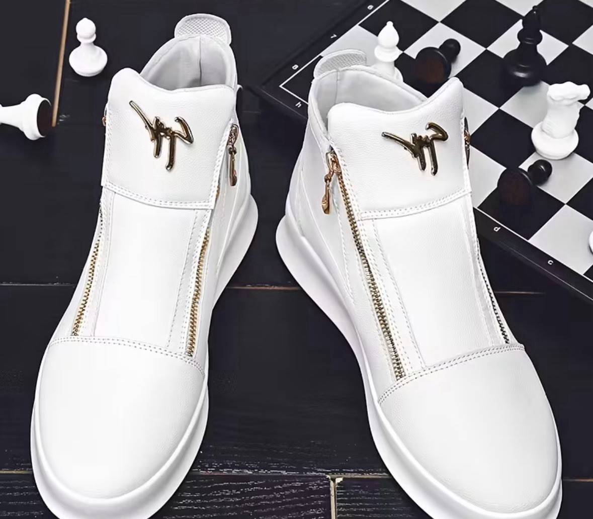 Men White High-Top Casual Sneakers,Thick Rubber Sole, Synthetic Material Size 44