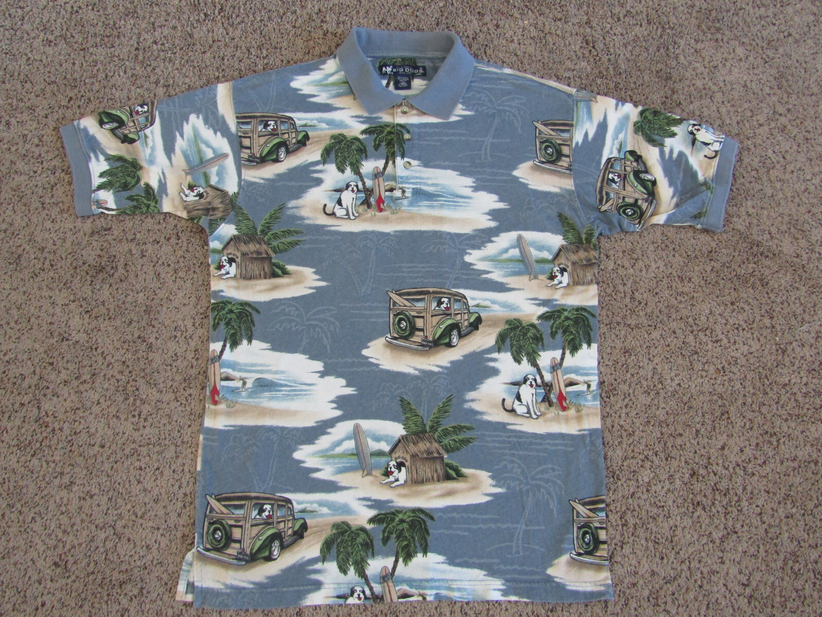BIG DOG ALL OVER PRINT POLO SHIRT HAWAIIAN TROPICAL ISLAND WOODIE SURFER MENS L