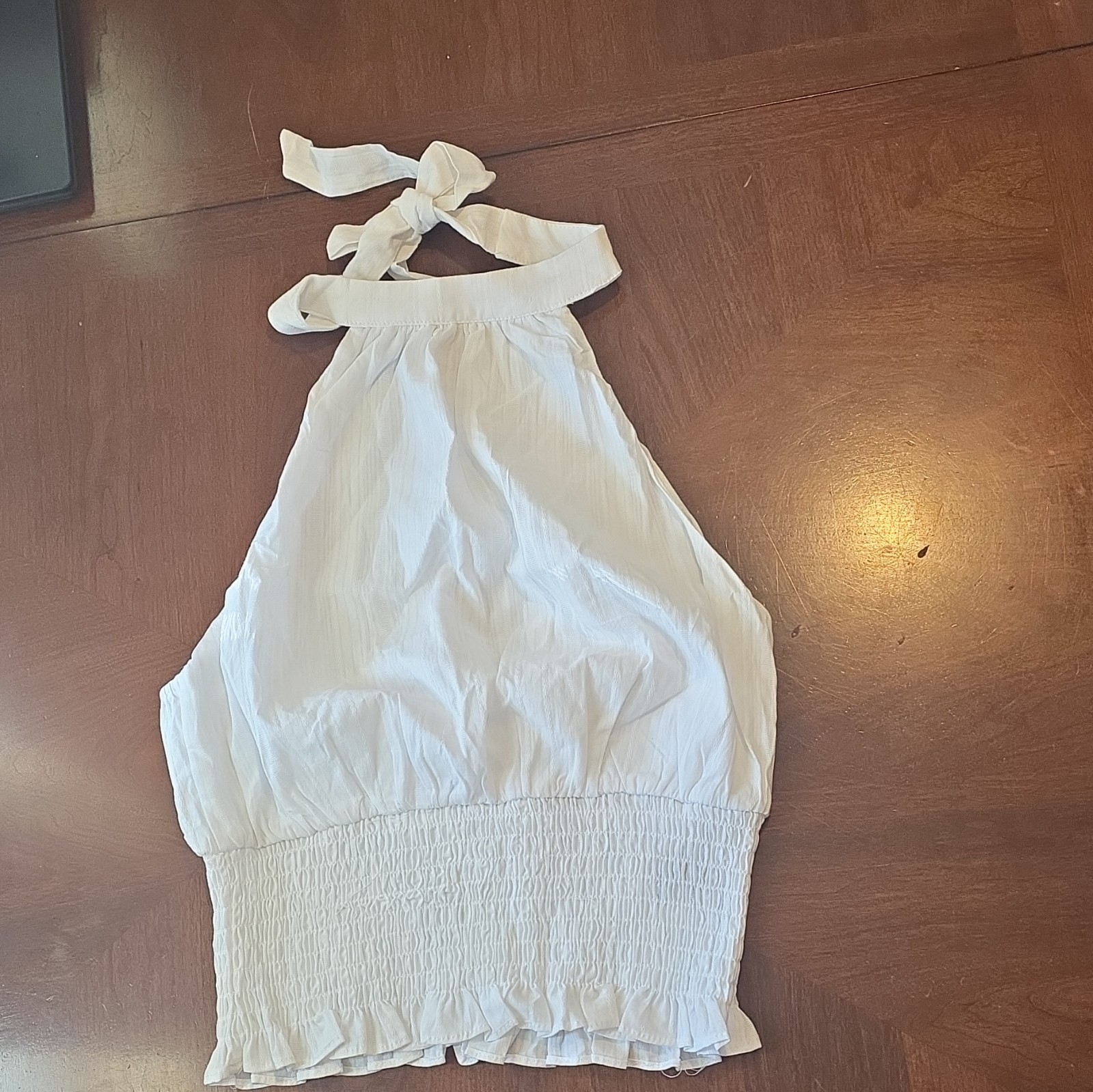 Women’s White Halter Tie Smocked Ruffle Woven Cotton Sleeveless Top L