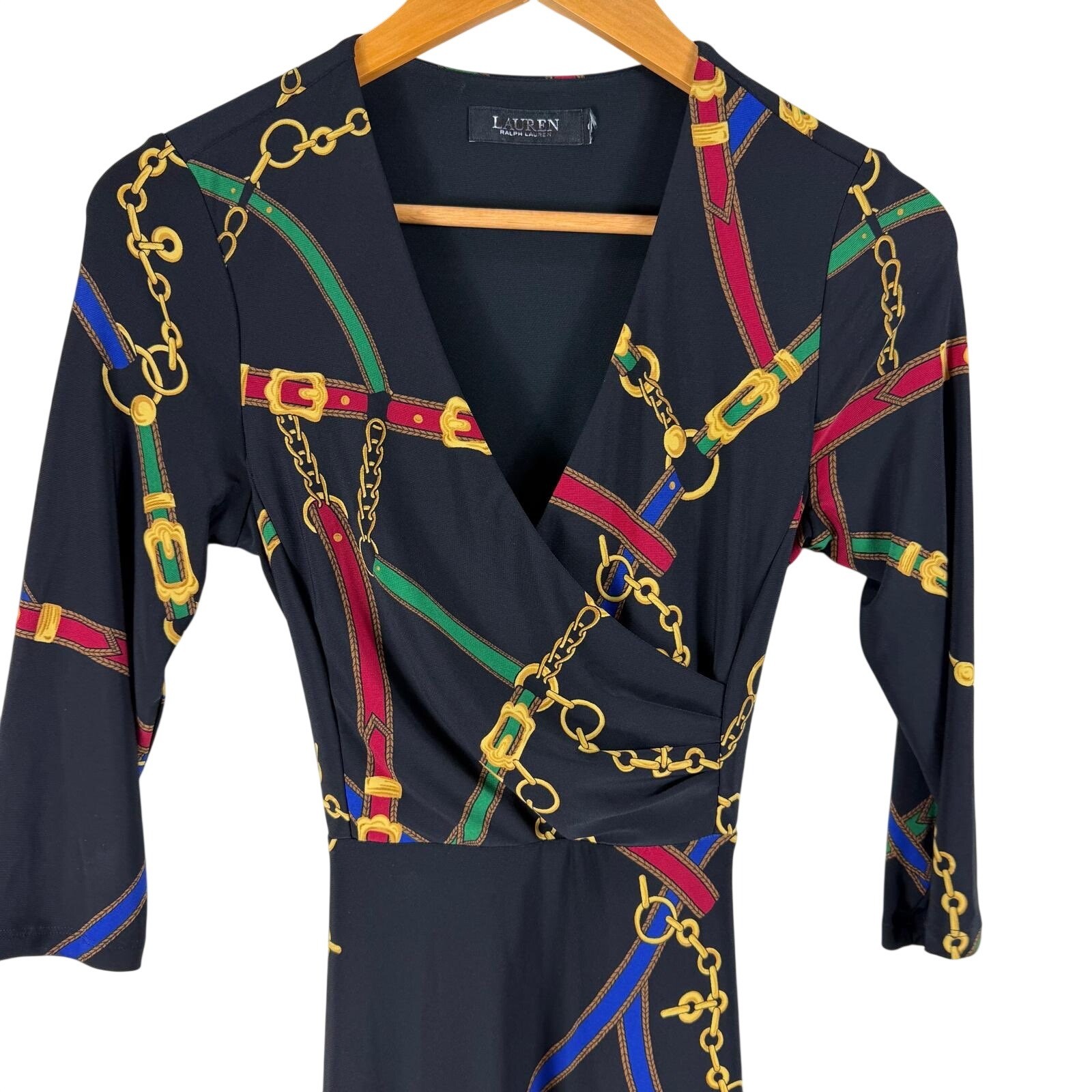 Lauren Ralph Lauren Equestrian Chain Print Faux Wrap Midi Dress Black Red Small