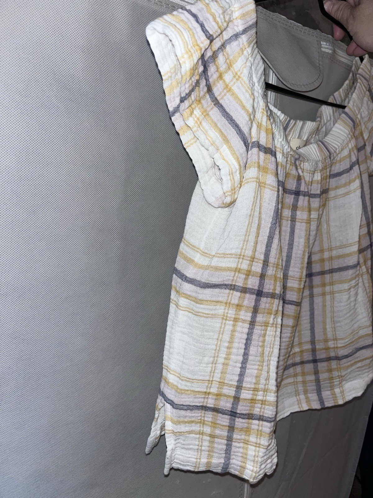 Cloth & Stone Plaid Off the Shoulder Crop Top XS Pastel Textured Gauze Blouse