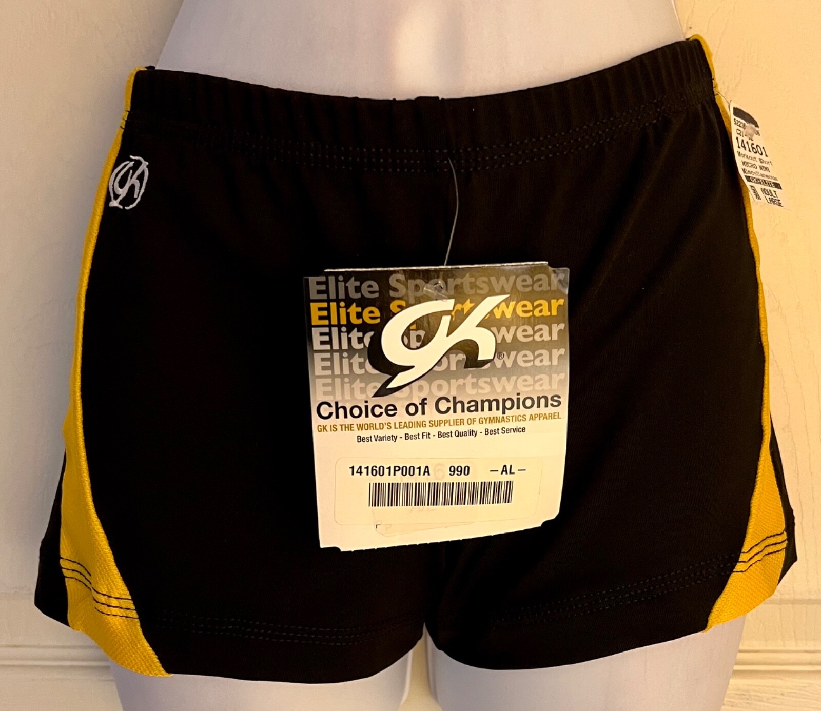 GK CHEER ADULT LARGE MICRO MINI BLACK NYLON/SPAN YELLOW MESH GYM DANCE SHORTS AL
