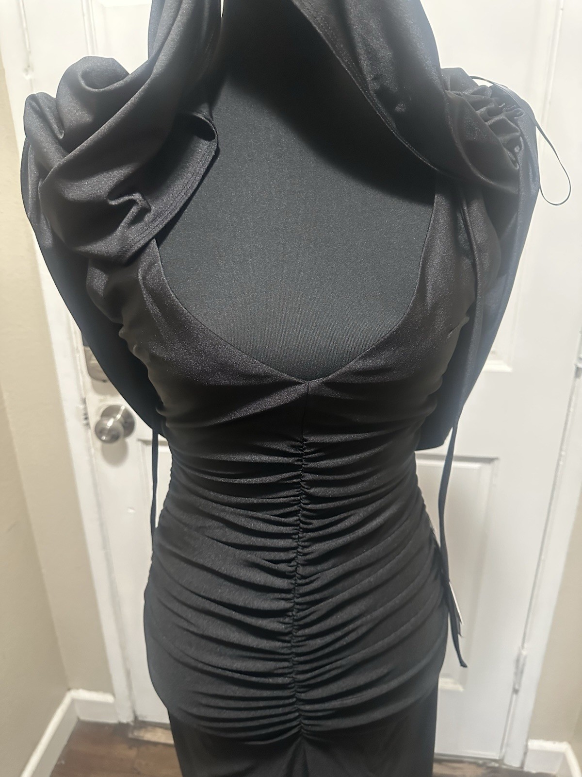 Alex & Sophia Black Solid Cowl Neck Ruched Draped Zip Maxi Dress Formal 5/6