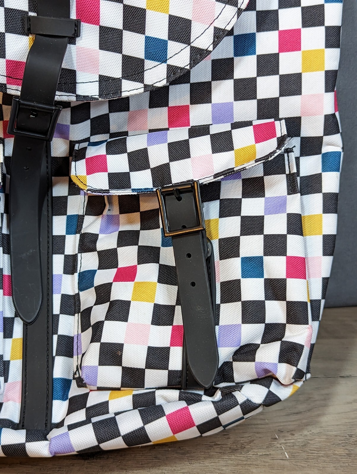 Checkered Drawstring Strap Cargo Two Pocket Backpack School Travel Book Bag