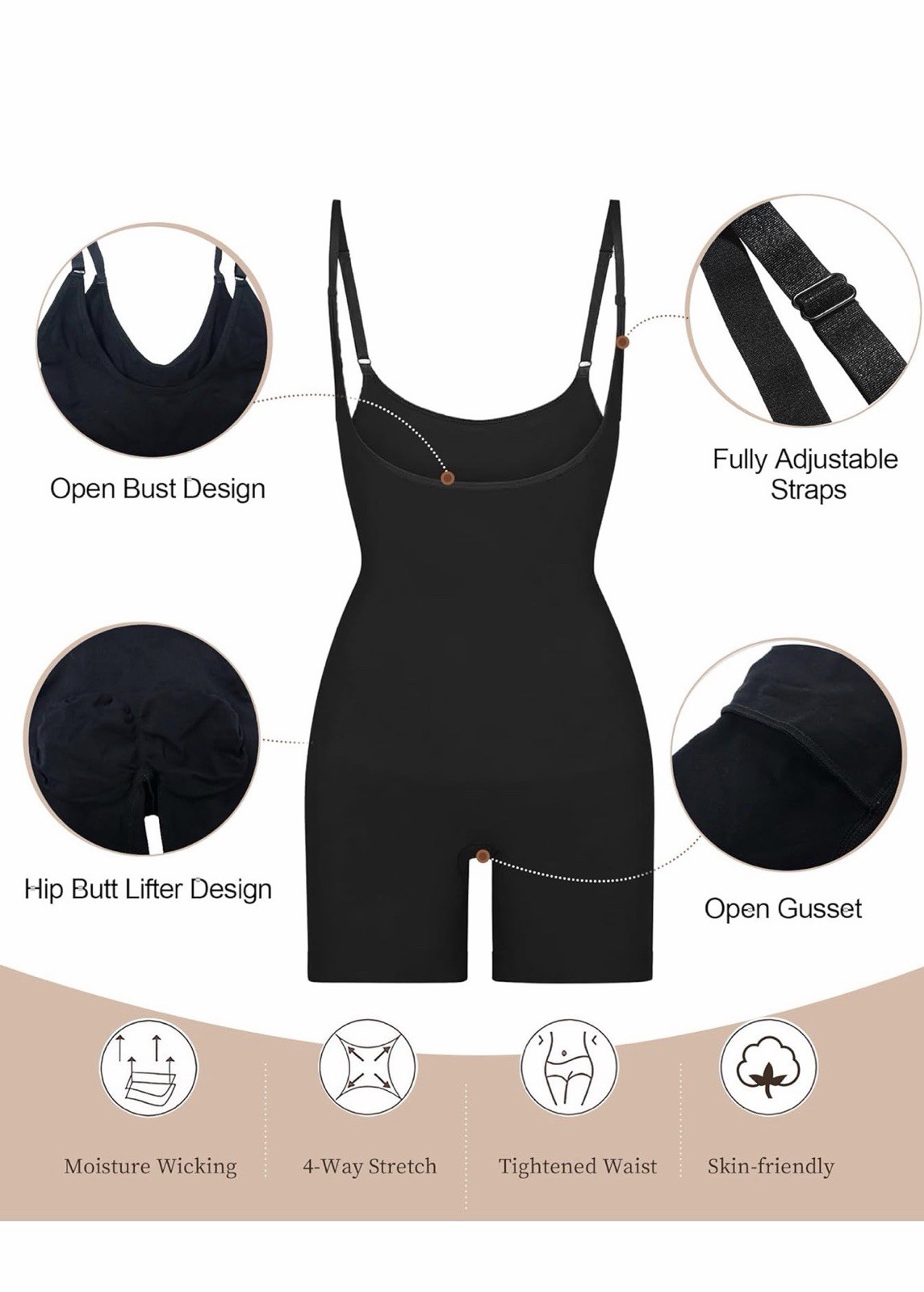 SHAPERX Open Bust Bodysuit Shapewear Black L/XL Style 5258 Waist Trainer
