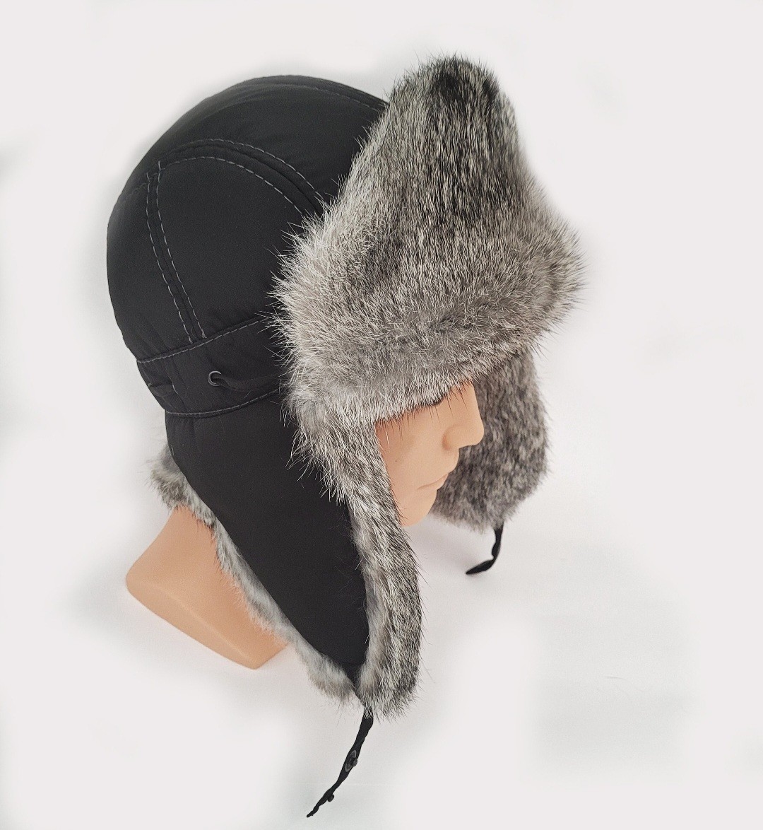 Men Real Fur Ear Flap Hat Ushanka Rabbit Fur Aviator Trapper Hat Unisex 58 cm