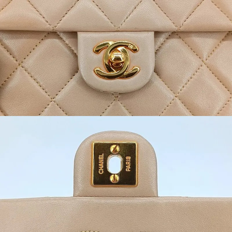 CHANEL Vintage Beige Lambskin 20cm Mini Square Flap Bag