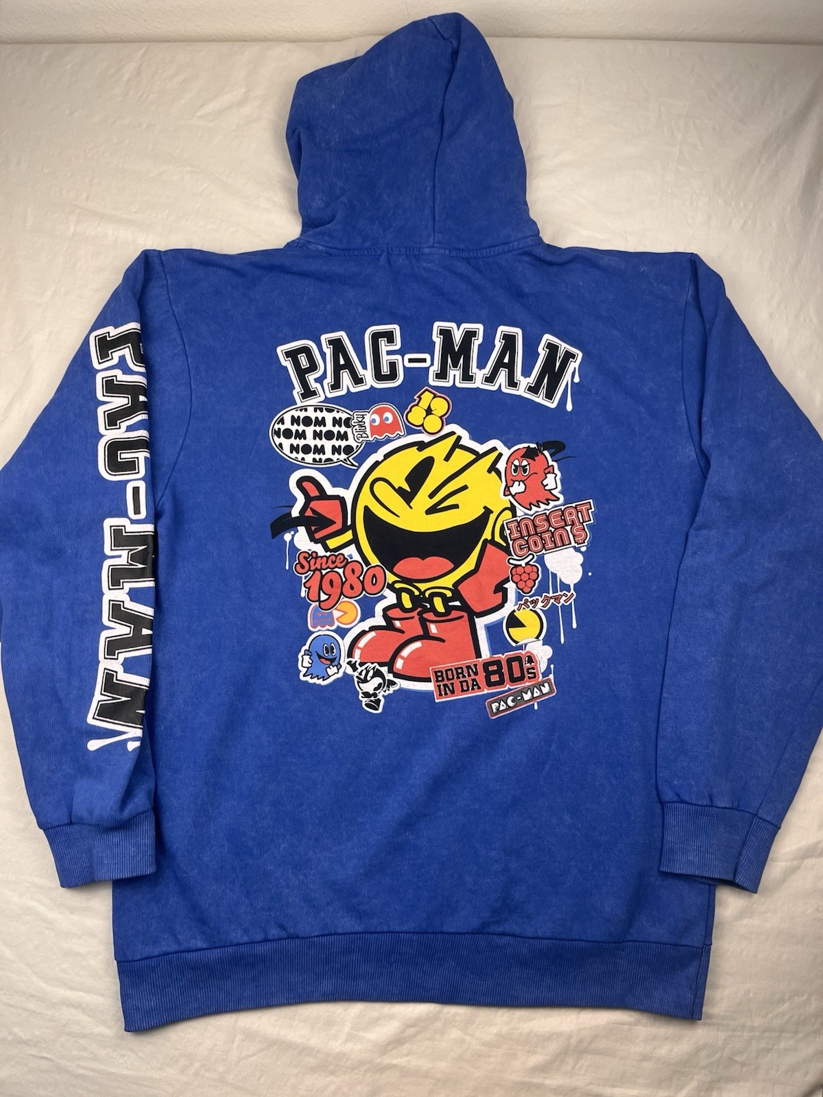 Retro Japanese Pac-Man Hoodie Large Blue Pull Over Long Sleeve Comfy wear Print