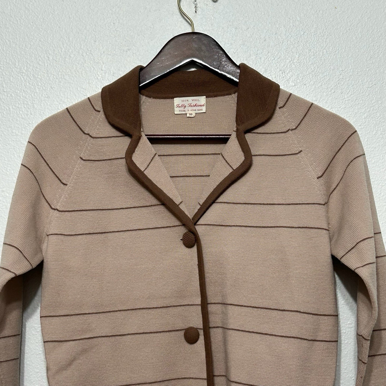 Fully Fashioned Tan & Brown 100% Wool Button Up Cardigan Womens Size 10