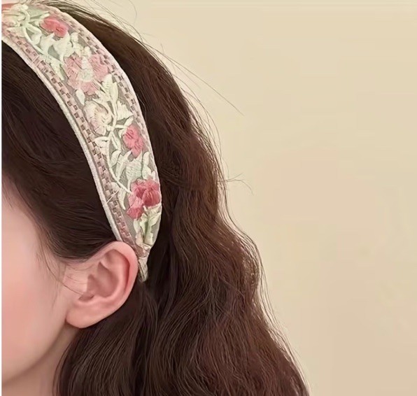 Vintage Retro Green And Yellow Floral Embroidered Lace Fabric Hair Band Headband