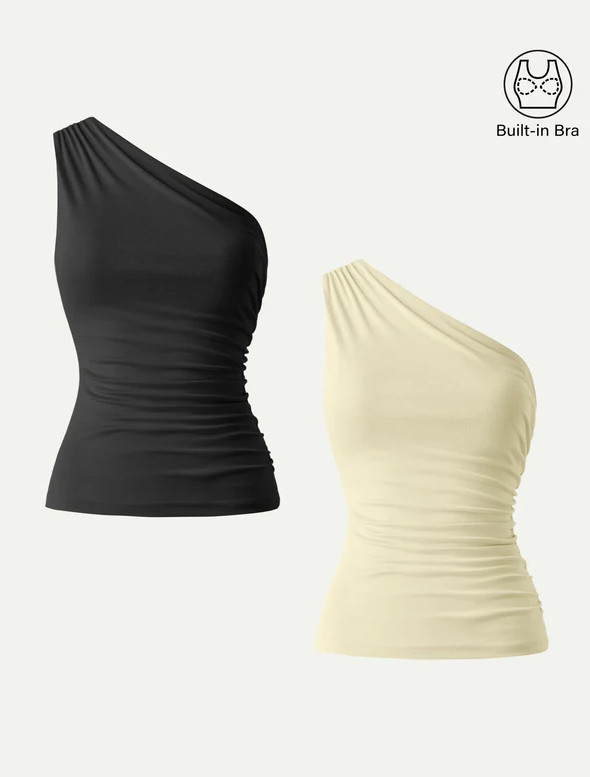 OGL Sandwashed One Shoulder Ruched Bra Tank, Black (NEW)