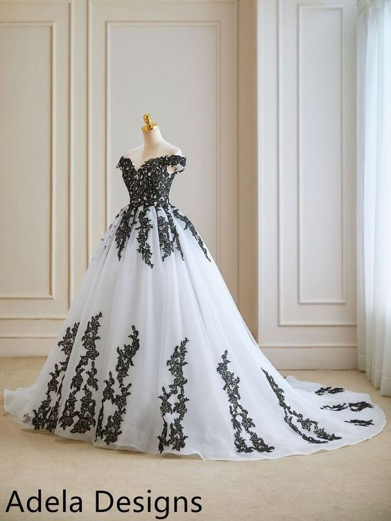 Black and White Wedding Dress Off Shoulder Lace A Line Lace Applique Bridal Gown