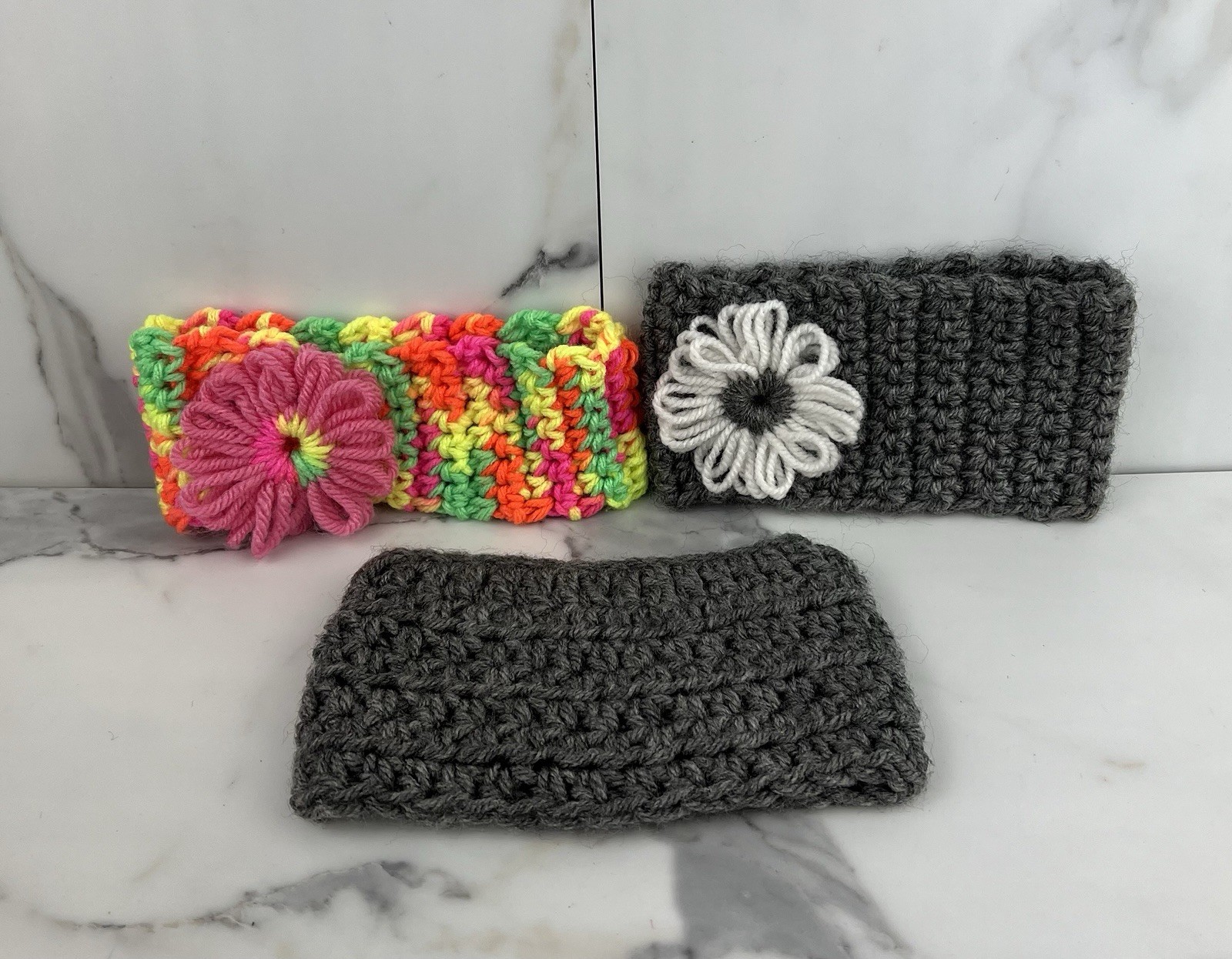Handmade Crochet Headband Ear Warmer Gray Multicolor Flower Accents Set of 3