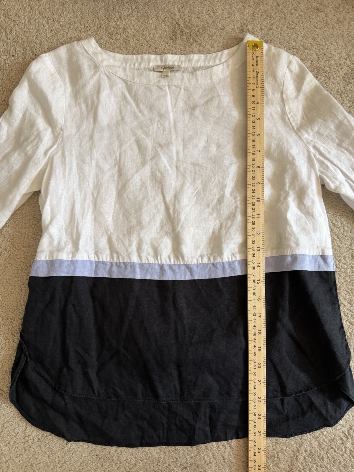 Tyler Böe XS Colorblock Linen Tunic Blouse Scoop Neck 3/4 Sleeve White Blue