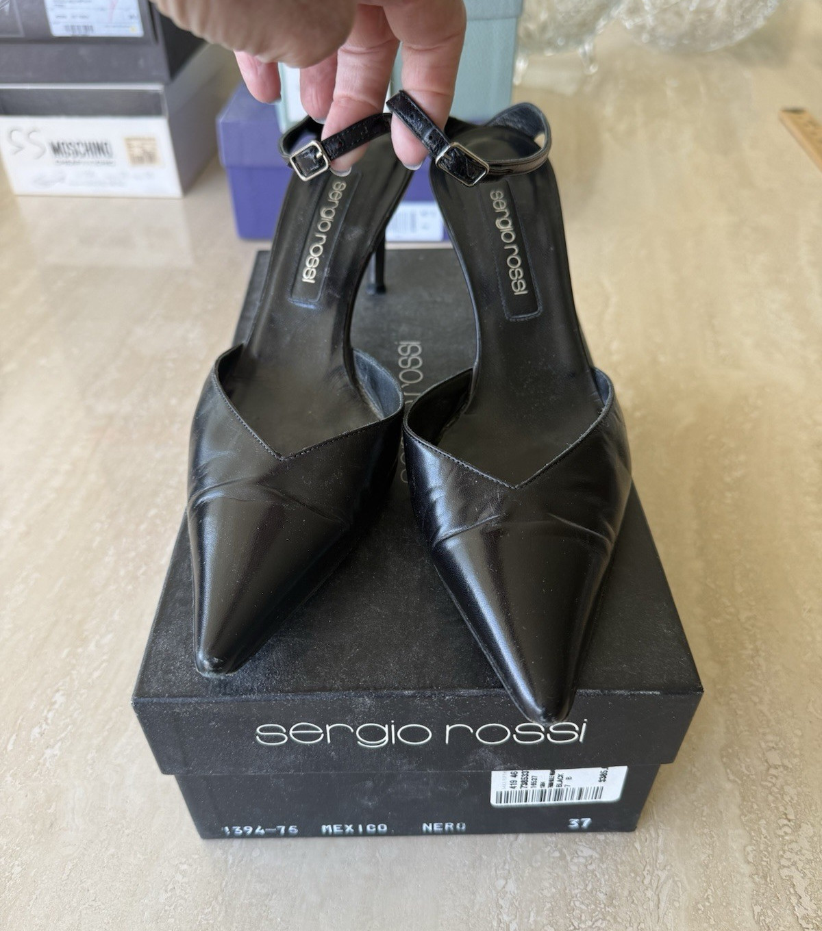 Sergio Rossi Women’s Black Leather Pointed Toe Strappy Slingback Heels 7 B