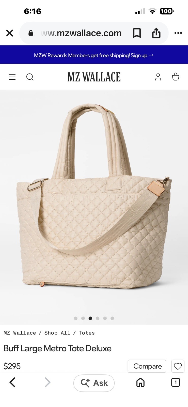 MZ Wallace Deluxe Metro Large Tote Bag Cream Quilted Nylon Travel bag GUC