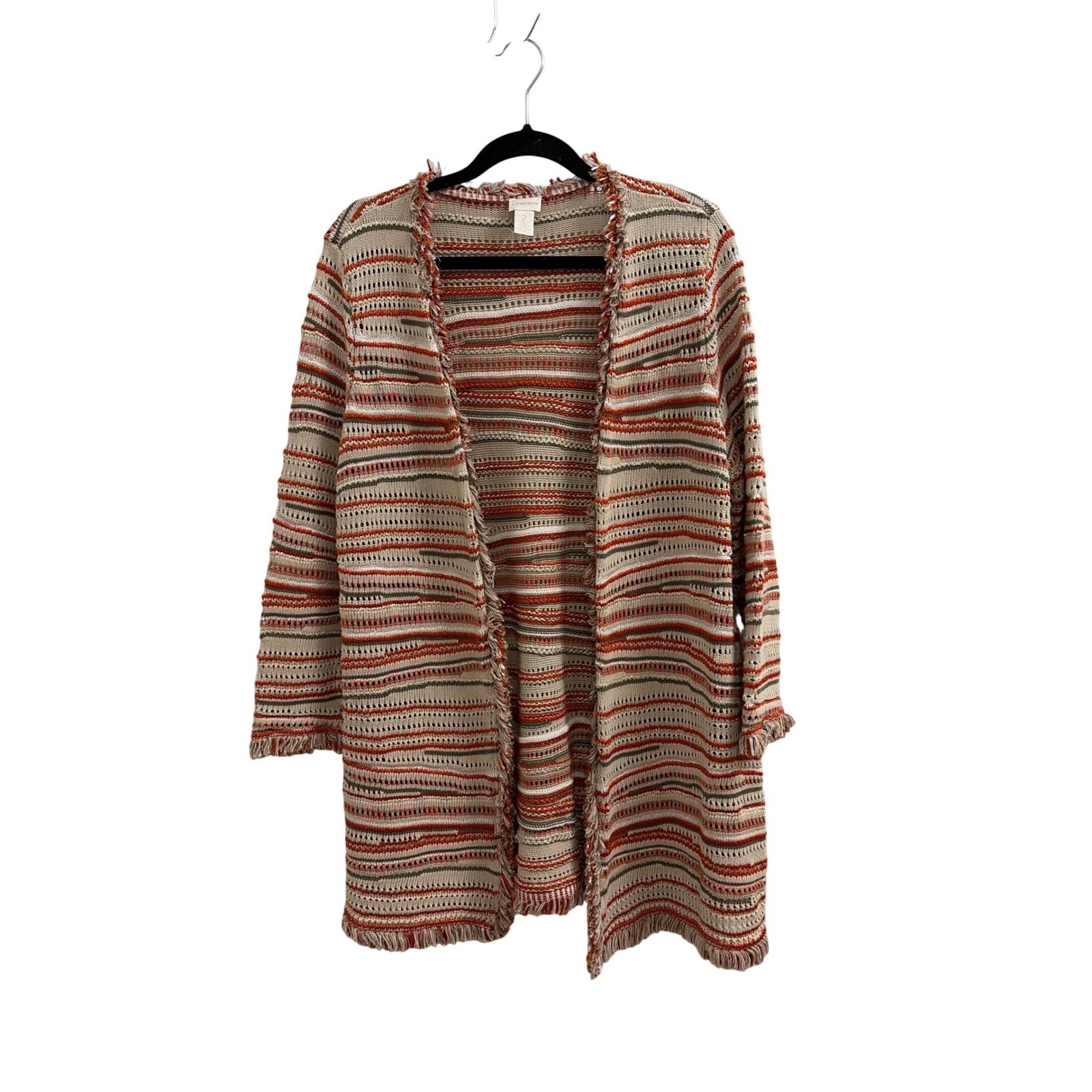 Chicos Striped Fringe Open Front Cardigan Sweater Orange Green Boho Size 2 L