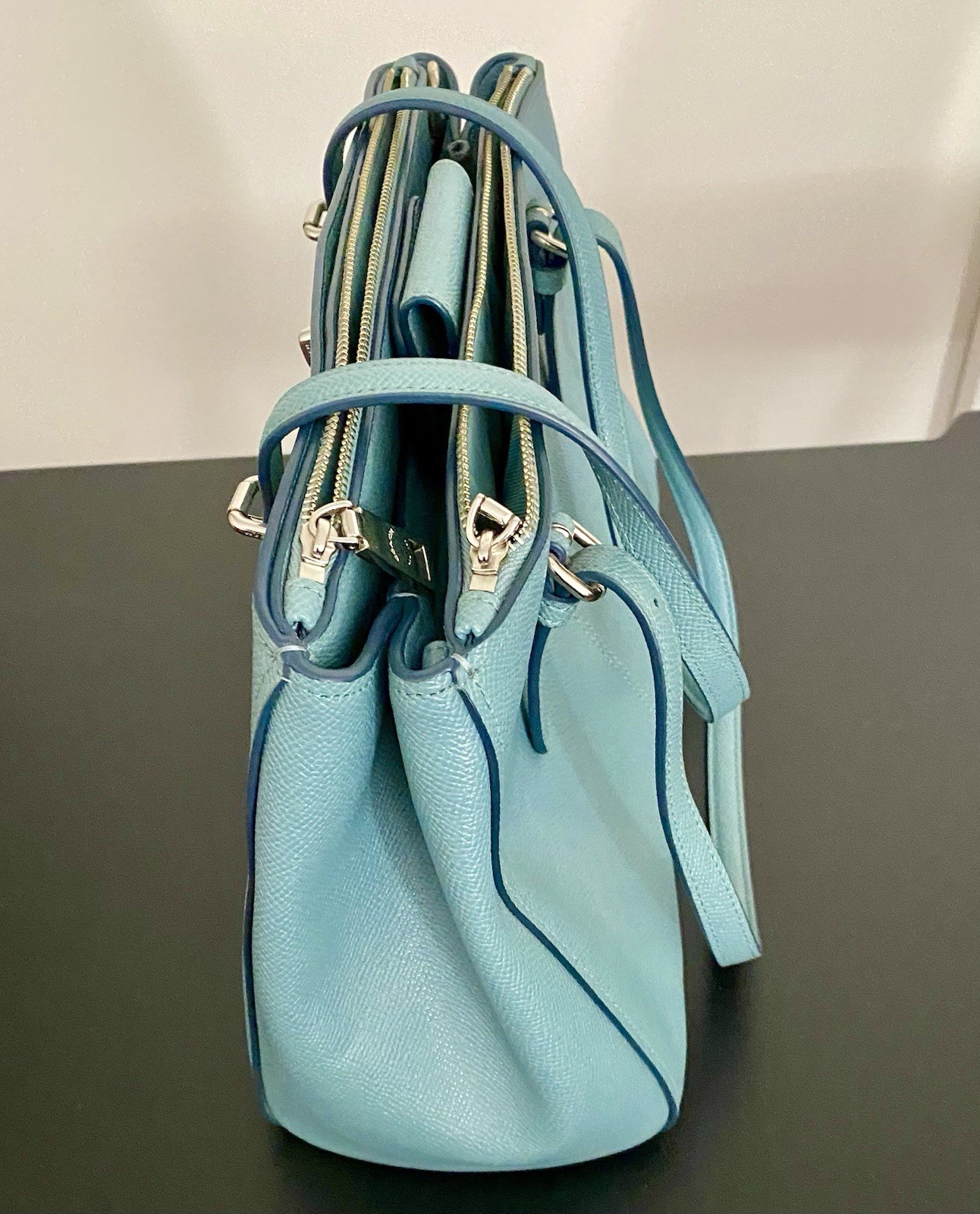 Coach Blue Pebbled Satchel Handle w/ Detachable Strap, Zip Turn Lock Carryall 29