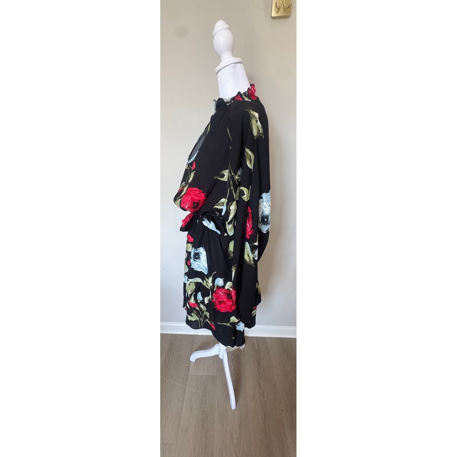 Boohoo Black Red Rose Floral Smocked High Neck Mini Dress Plus Size US 20