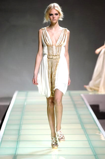 Alberta Ferretti 2008 Runway Gold Grecian Chain Embroidered Dress US 8 10 IT 46