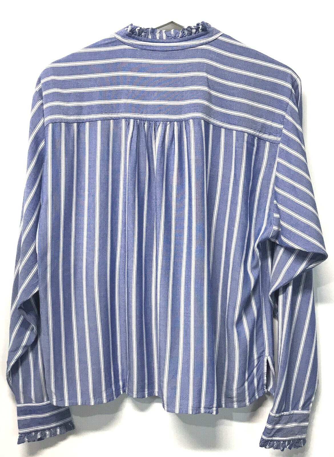 Loft Preppy Shirt Blouse Blue Striped Ruffle Trim Silky Rayon NEW XXS-XXL