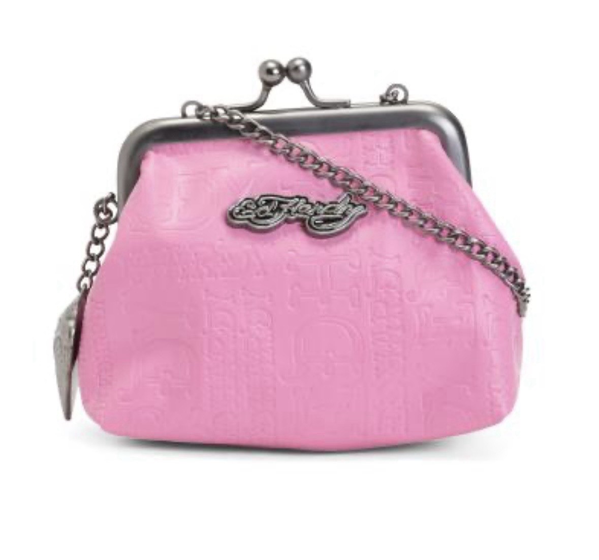 Ed Hardy Pink Kiss Lock Clutch with Chain Strap, Detachable Strap, Heart Charm