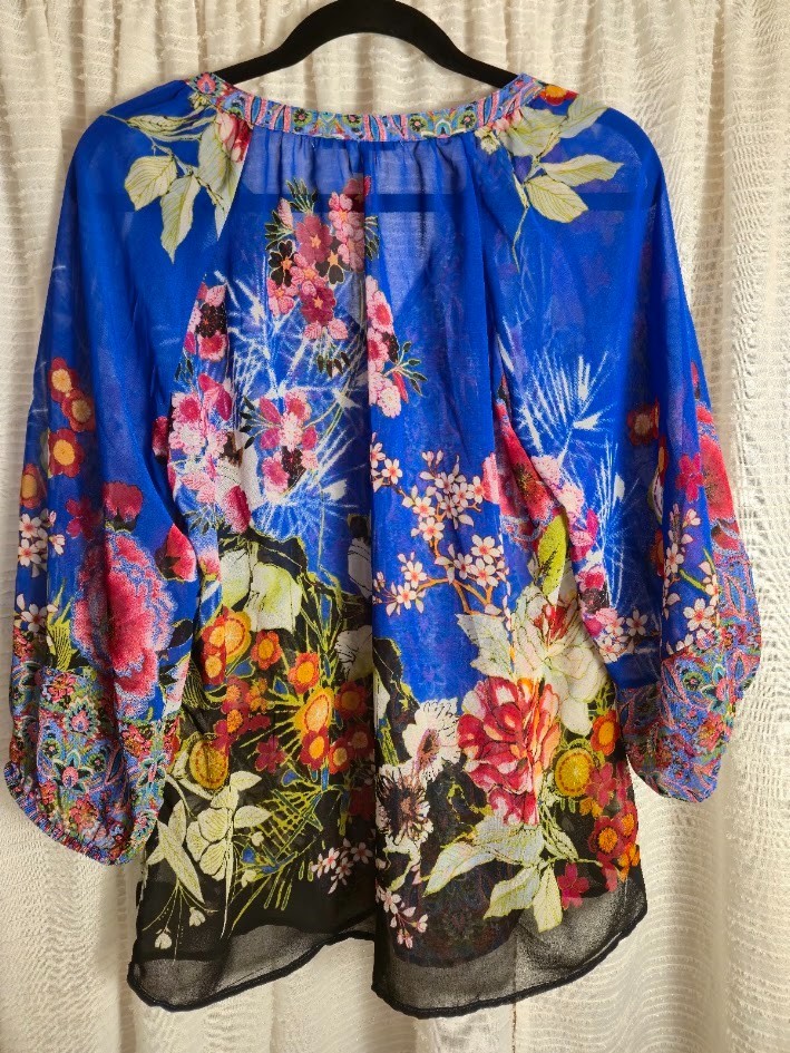 Anthropologie Fig and Flower Boho Mixed Floral Bird Print Blouse Tunic MED 3/4