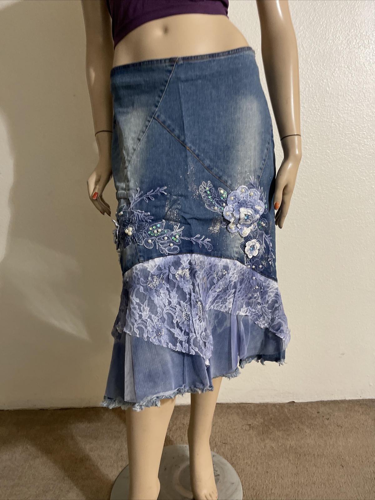 Blue Denim Cotton Beaded Embroidery Glitter Lace Knitted Size S(4-6) Skirt 3312