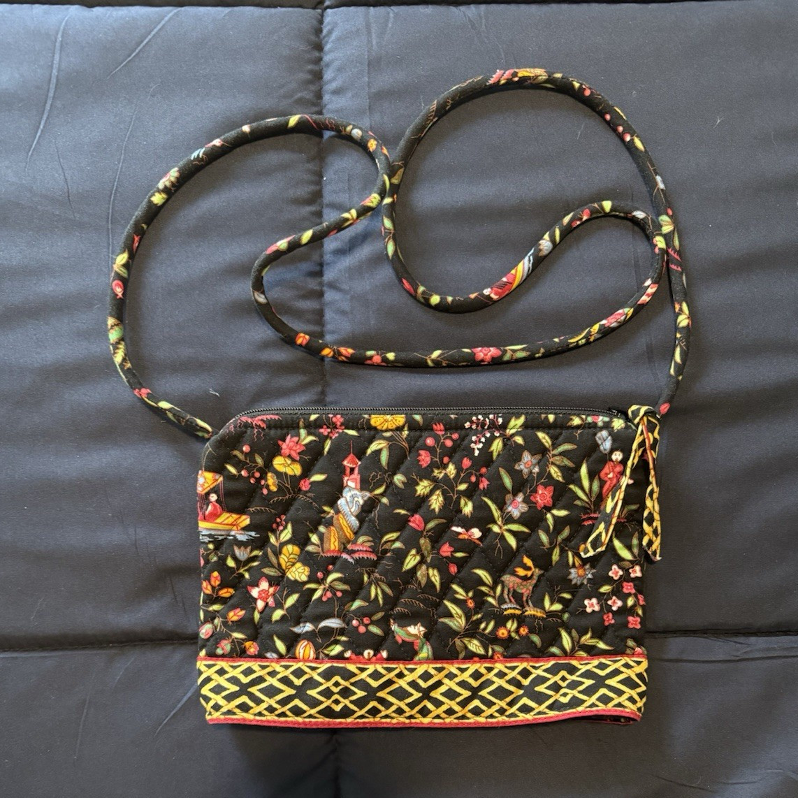 Vera Bradley Floral Quilted Crossbody Bag Small Zip Closure Black/Multicolor