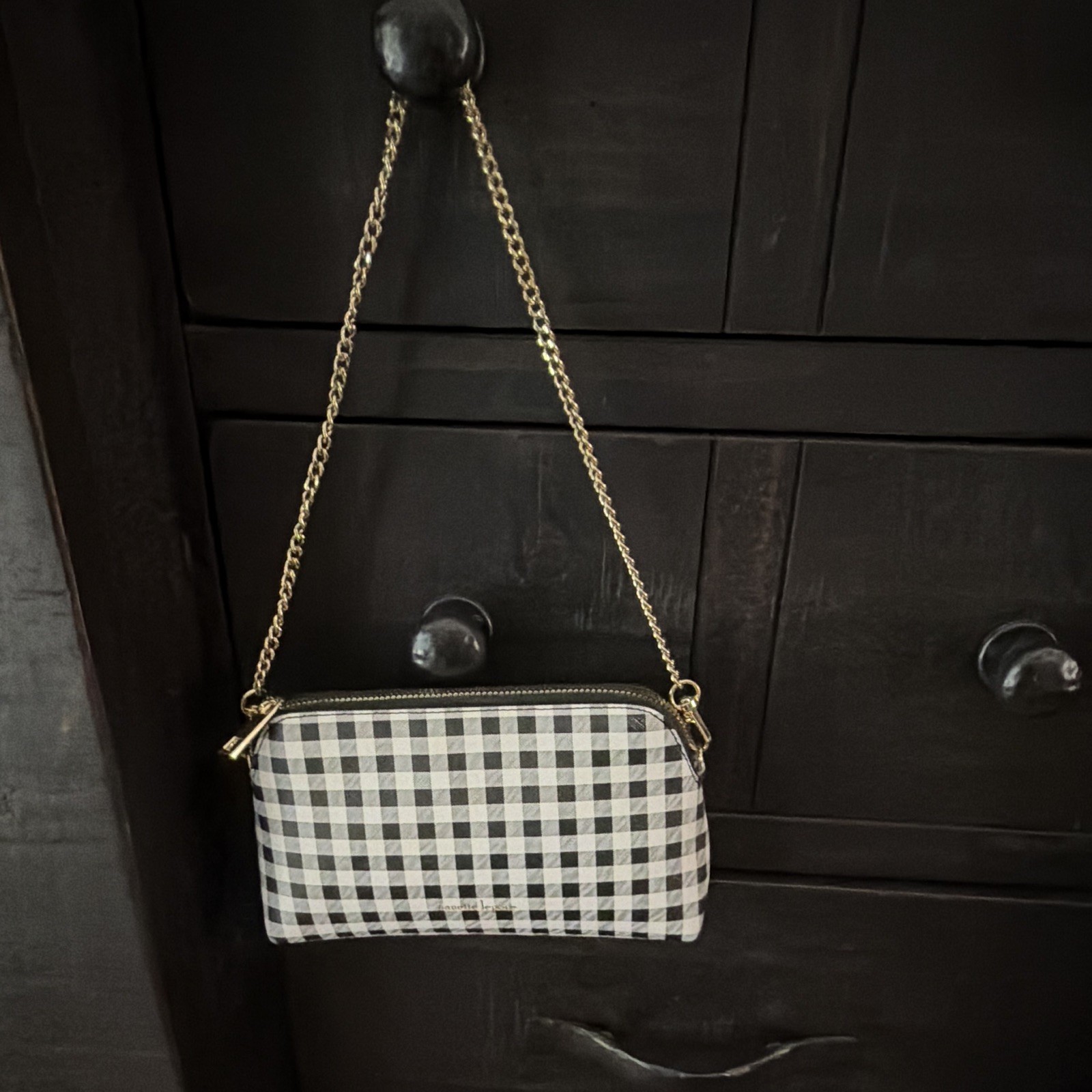 Nanette Lepore Black & White Gingham Zip Shoulder Bag Gold Chain Strap Purse