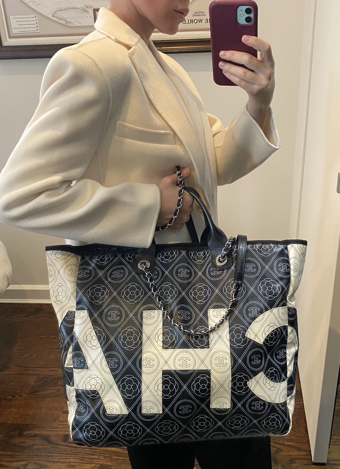 CHANEL Large Deauville Camellia Shopping Coated Canvas Tote Bag Black Beige✨