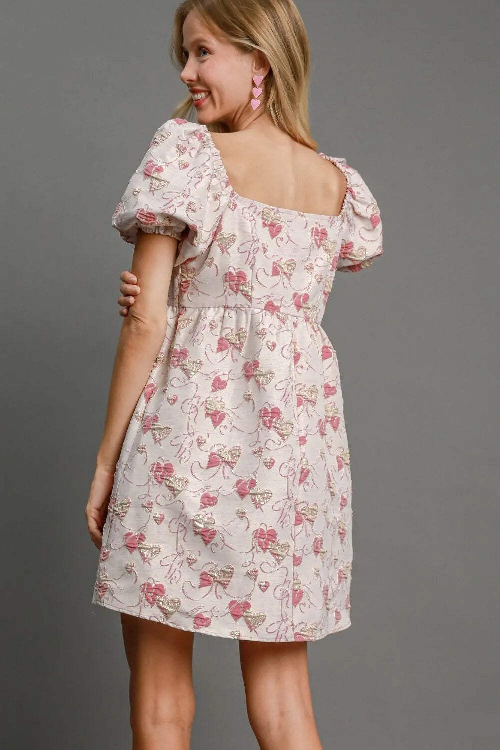 Umgee White Pink Heart Jacquard Square Neck Puff Sleeve Mini Babydoll Dress