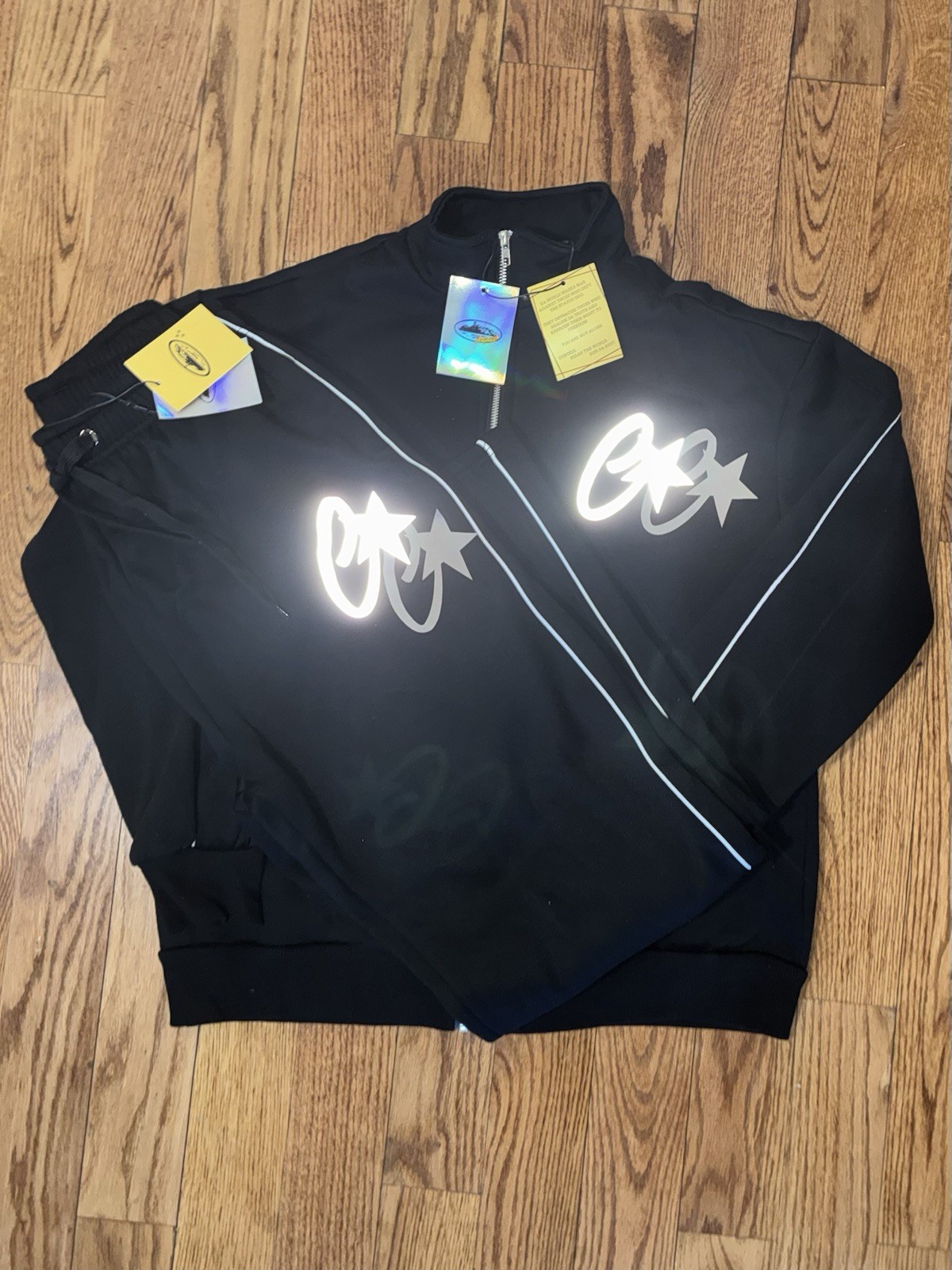 Corteiz Men’s Black Tracksuit Set Medium Reflective Logo Full Zip Jacket & Pants