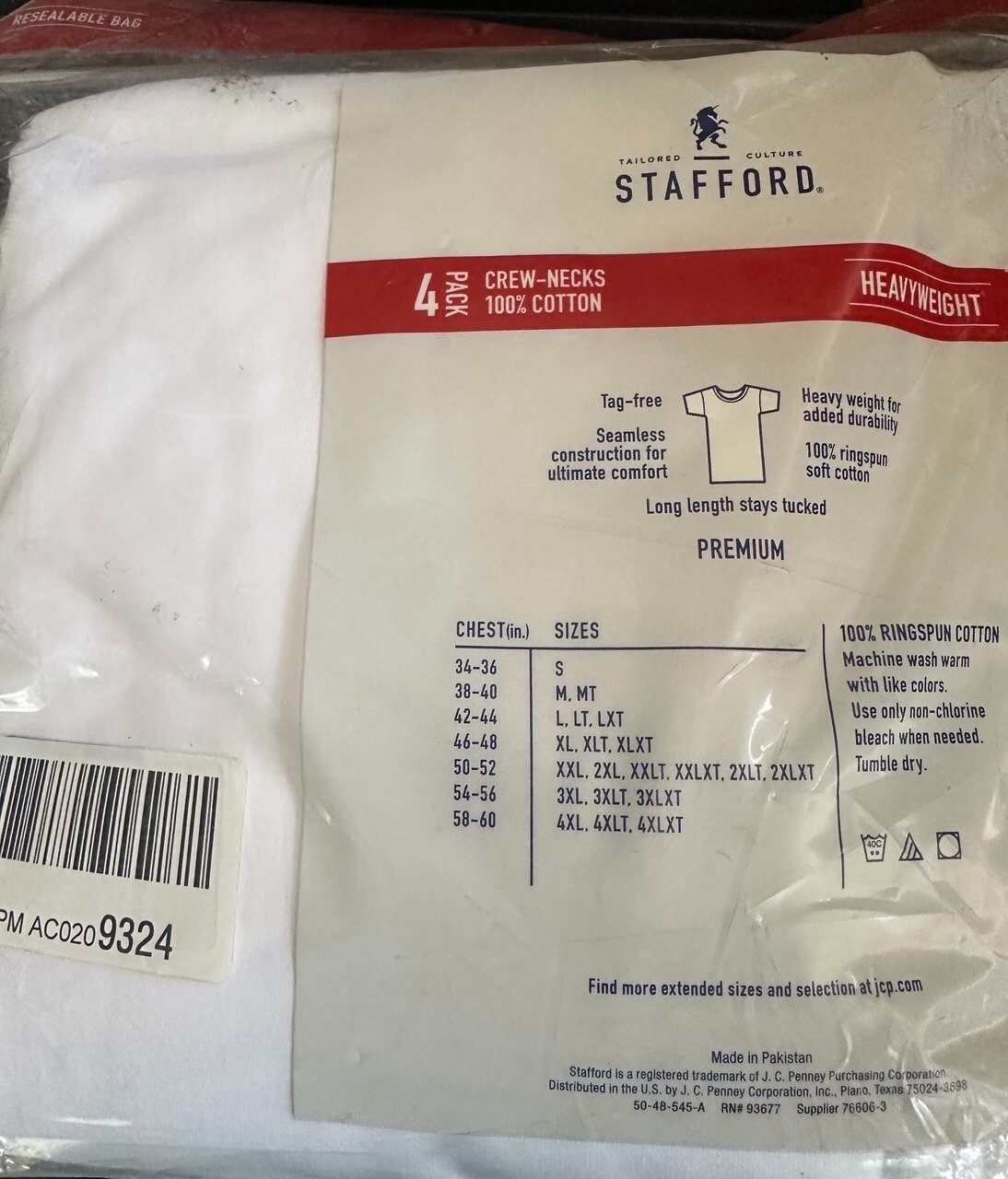Stafford Mens Crewneck Undershirts White Large 4-Pack 100% Cotton Heavyweight NW