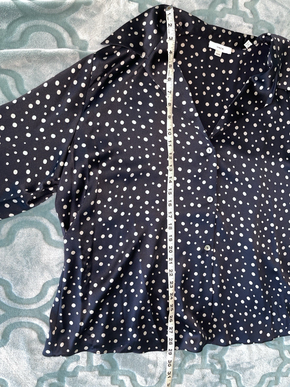 VINCE Camp Collar 100% Silk Deep Marine/Navy Blue Polka Dot Blouse 2X