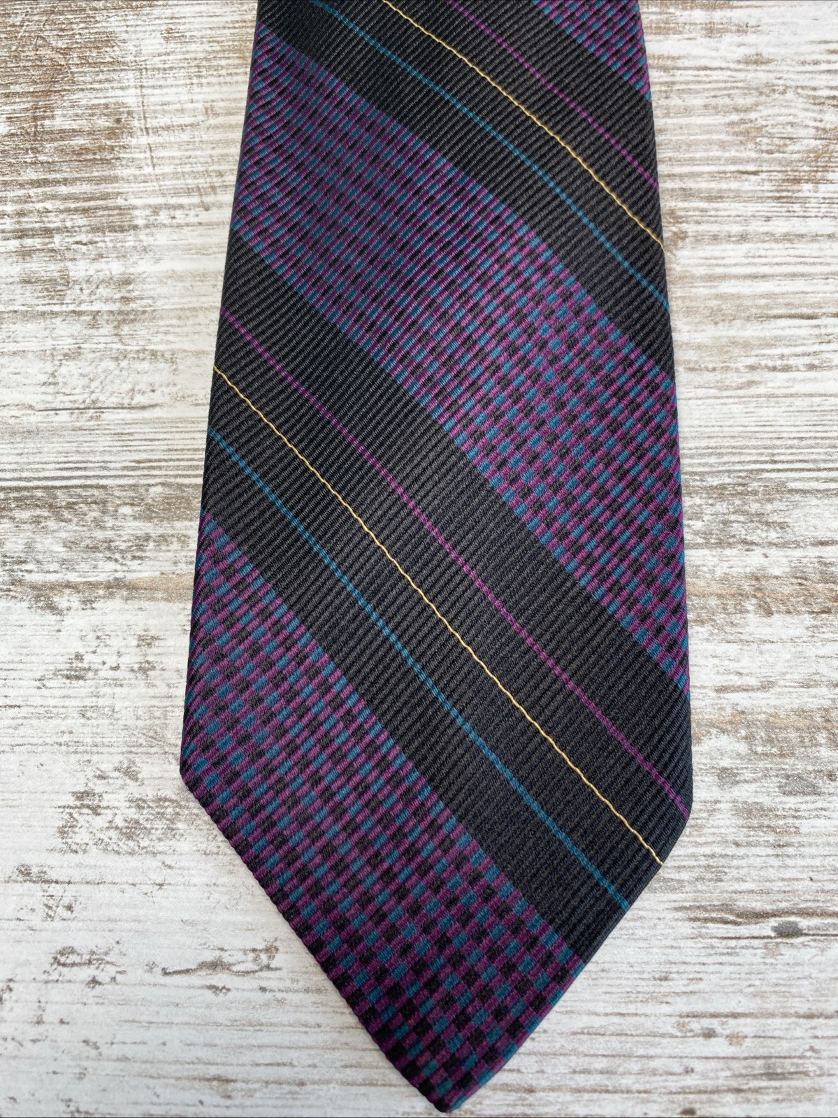 Robert Talbott Tie Andrisen Morton Black Purple Teal Stripe Silk Necktie 58×3.25