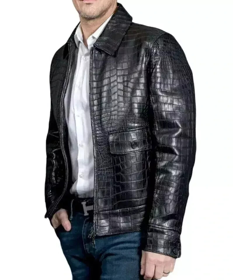 Men’s REAL LEATHER Black Crocodile Embossed Jacket Biker, All sizes Available