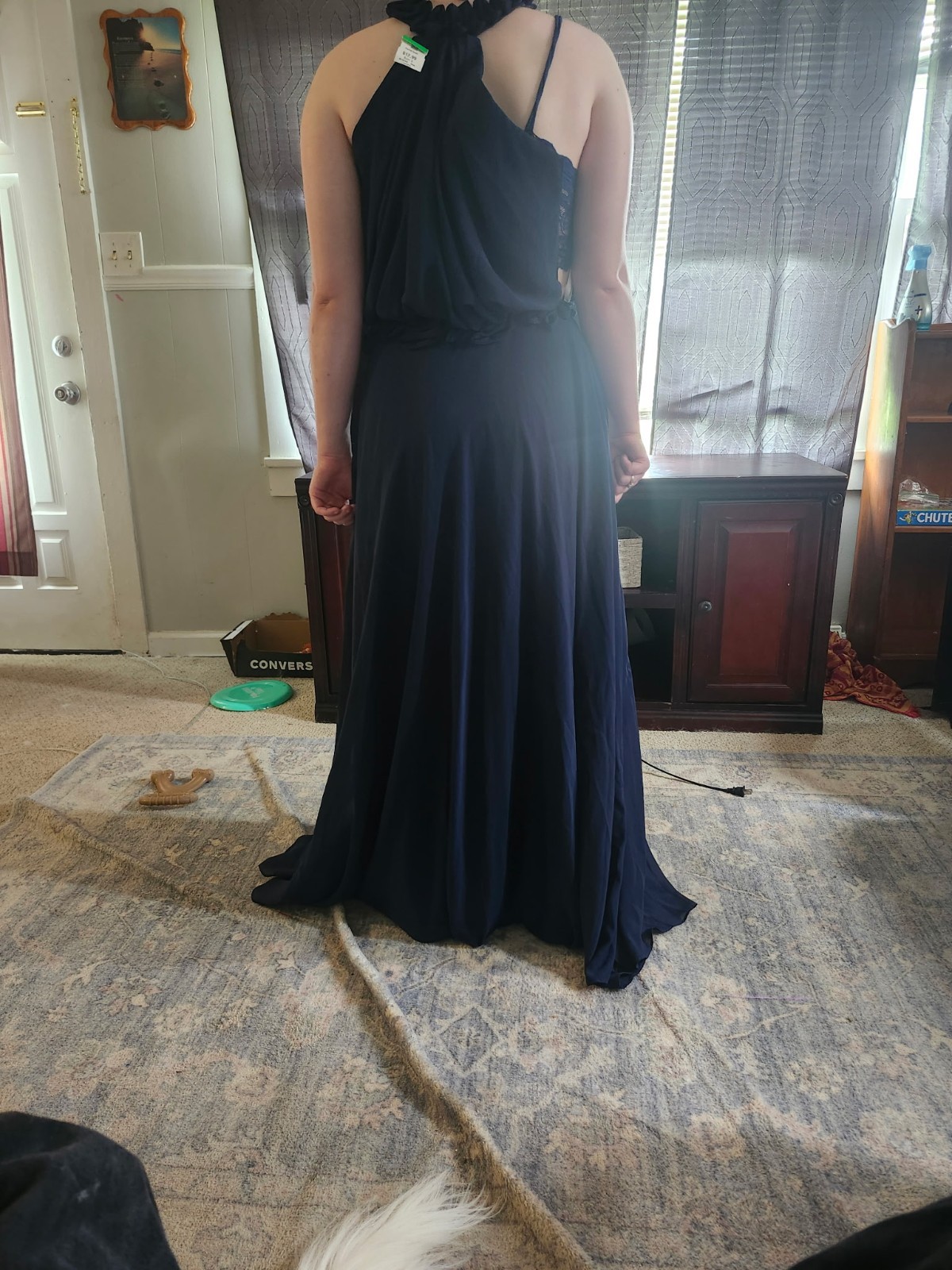 Carlyna Dark Navy Chiffon Halter Maxi Dress Small Sleeveless Ruffle Solid