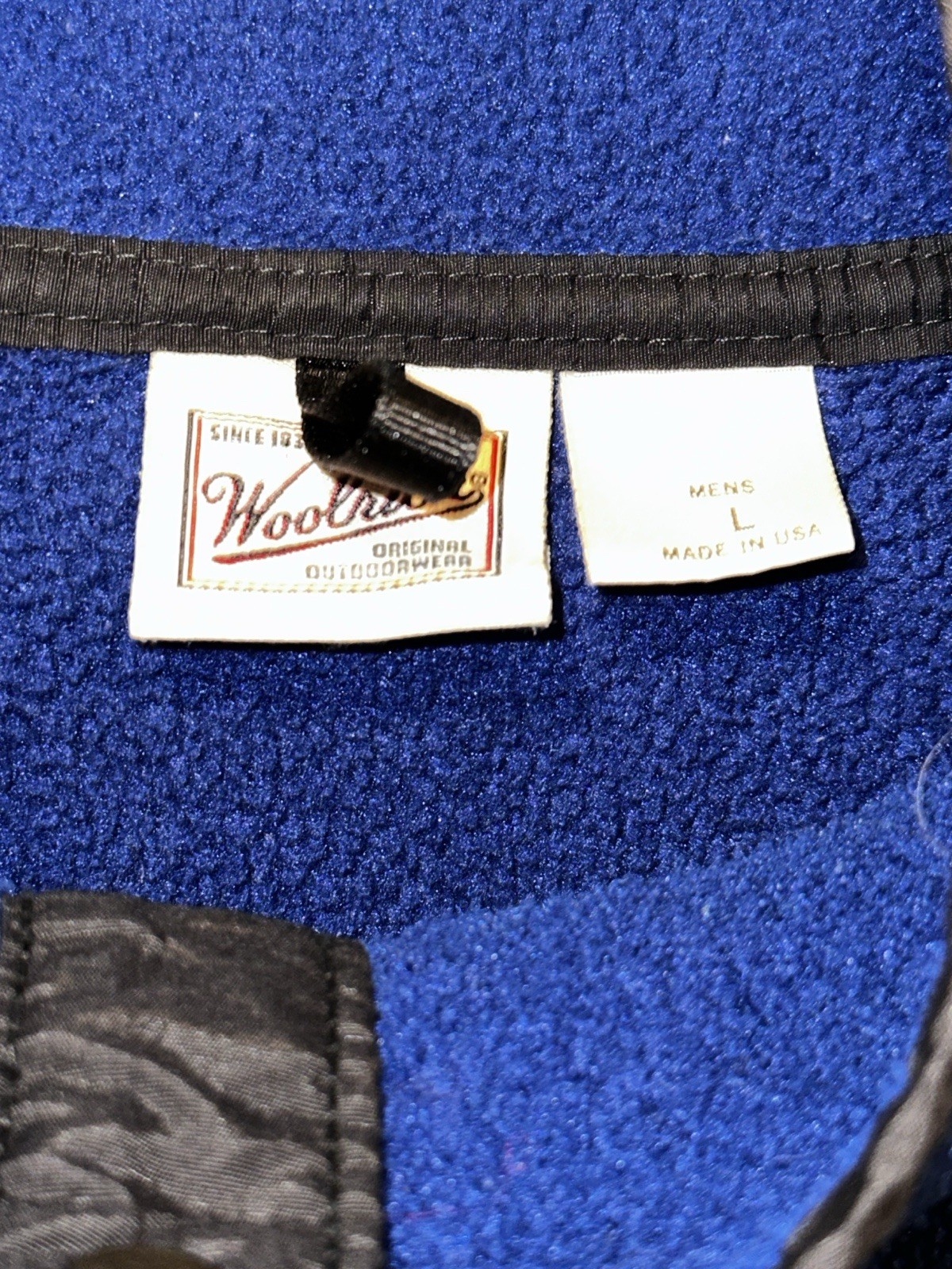 Vintage 90s Woolrich USA Fleece Pullover Snap Button Collar Mens L Royal Blue