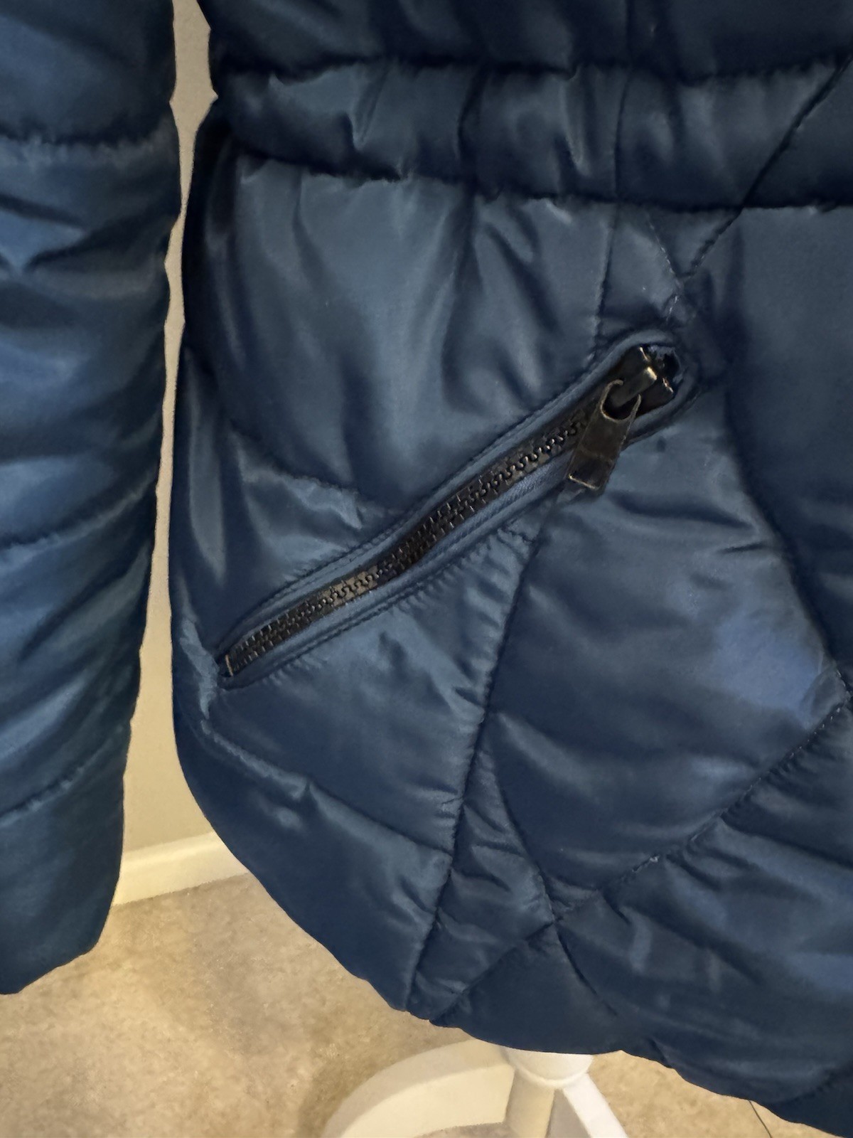 M&S DARK MARINE PADDED ZIP FRONT WARM COAT SIZE 14, CONCEALED PACKAWAY HOOD VGC